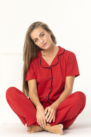 Kırmızı Renk Biyeli Pamuklu Kısa Kol Pijama Takımı - 1
