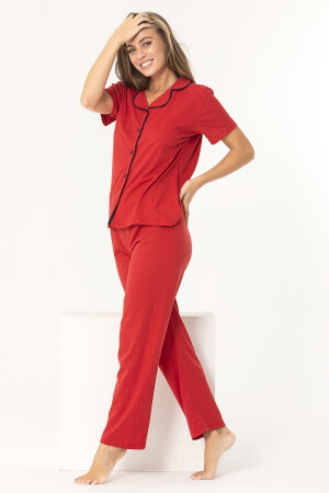Kırmızı Renk Biyeli Pamuklu Kısa Kol Pijama Takımı - 2