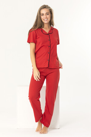 Kırmızı Renk Biyeli Pamuklu Kısa Kol Pijama Takımı - 3