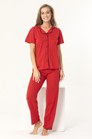 Kırmızı Renk Biyeli Pamuklu Kısa Kol Pijama Takımı - 4