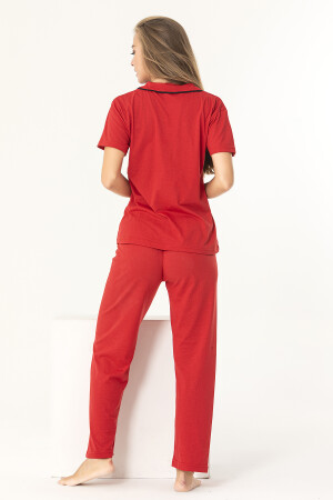 Kırmızı Renk Biyeli Pamuklu Kısa Kol Pijama Takımı - 5