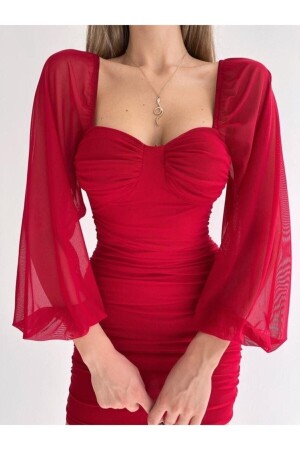 Kırmızı Uzun Tül Kol Detaylı Drapeli Elbise - 2