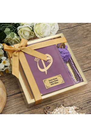 Kişiye Özel Hediye Kadife Kaplı Kur'an-ı Kerim Lila- Inci Tesbihli Hediyelik - İkranur