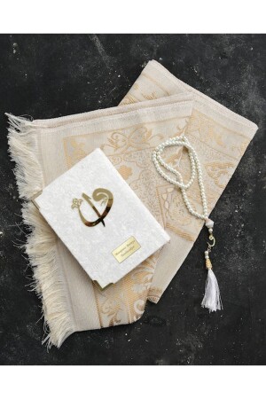 Kişiye Özel Kadife Krem Kuranı Kerim & Seccade & Inci Tesbih Set - Highclass