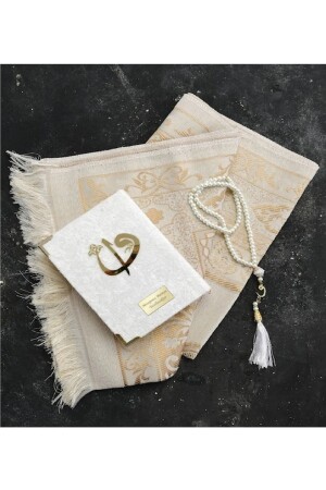 Kişiye Özel Kadife Krem-mavi-pembe-siyah Yasin & Seccade & Inci Tesbih Set 01 - Genel Markalar