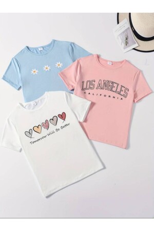 Kız Çocuk 3'lü Paket ''Beyaz- Pembe- Bebe Mavi'' Baskılı T-shirt - Afternoon Kids