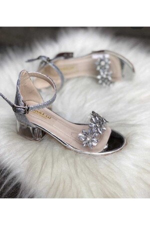 Kız Çocuk Gümüş Şeffaf Taş Detaylı Topuklu Ayakkabı - 1