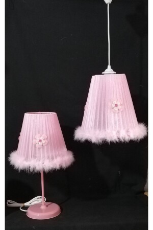 Kız Çocuk Odası Bebek Odası Pembe Tüylü Papatya Peluş Avize Abajur Seti 741025 - TEKAY AYDINLATMA