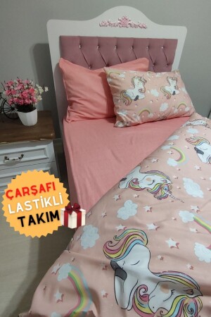 Kız Çocuk Unicorn 4 Parça Lastikli Çarşaflı Tek Kişilik (100X200 CM) Nevresim Takımı - 1