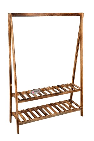 Kleiderbügel aus Holz, Garderobe mit 2 Regalen, 148 x 106 cm, asvk101 - 8