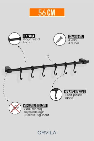 Kleiderbügel aus schwarzem Metall für Küche und Bad, 6 Haken, Kleiderbügel aus Eisen, 56 cm Stange - 2