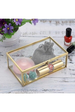 Kleine Präsentationsbox aus Glas mit Metallrahmen und Deckel für Pralinen und Schmuck, 25 x 14 cm, goldfarben CCDDM-EB-44103 - 5