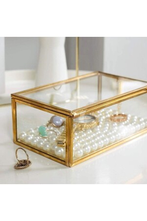 Kleine Präsentationsbox aus Glas mit Metallrahmen und Deckel für Pralinen und Schmuck, 25 x 14 cm, goldfarben CCDDM-EB-44103 - 7