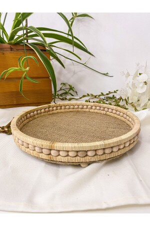 Kleines Tablett aus Holz mit Perlen, 25 cm, Korbgeflecht, Naturbast/Jute, dekoratives Tablett, Badezimmer, Zuhause, Deko-Tablett TPS02304 - 2