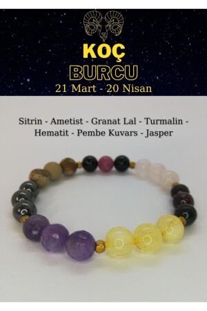 Koç Burcu Bilekliği Ametist, Sitrin, Hematit, Jasper, Pembe Kuvars, Turmalin, Granat Lal ZAS0002BURC1 - 2