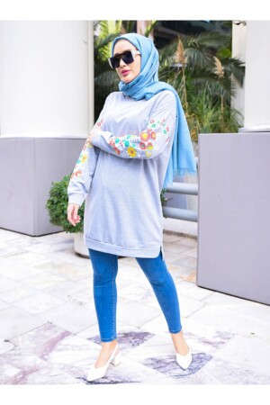 Kolları Çiçek Desenli Sweatshirt - Gri - - 1