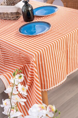Koral Çizgili Keten Dantelli Masa Örtüsü - Vivamaison