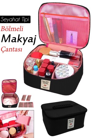 Kozmetik Makyaj Çantası Tutma Kollu Seyahat Seti Makyaj Aksesuarları Düzenleyici Siyah 24x21x11 cm KSS.04345.00 - 2