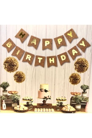 Kraft Karton Üstüne Gold Altın Sarısı Yaldızlı Happy Birthday Yazılı Doğum Günü Partisi Yazı Banner - 2