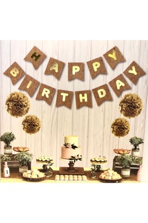 Kraft Karton Üstüne Gold Altın Sarısı Yaldızlı Happy Birthday Yazılı Doğum Günü Partisi Yazı Banner - 1