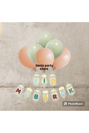 Krem Eıd Mubarak Ramazan süs yazı 3 küf yeşili 3 somon balon - Deniz Party Store