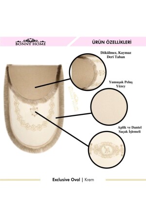 Krem Exclusive 3lü Oval Çeyizlik Saçaklı Fransız Dantelli Klozet Takımı Banyo Paspas Seti BnyExclusiveOval3lu - 4