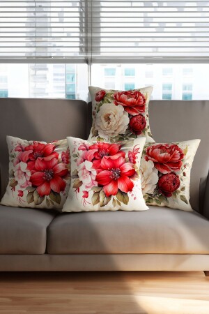 Krem Zemin Kırmızı Çiçek ve Hilal Desenli Dijital Baskılı Hediyelik 4Lü Kırlent Yastık Kılıfı Seti - 1