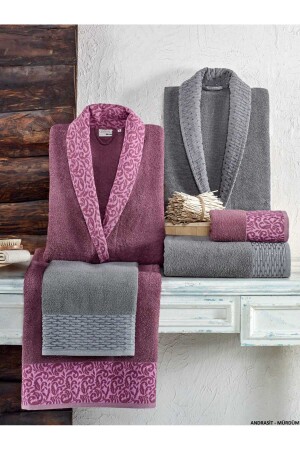 Kristal Nakışlı 6 Parça Aile Bornoz Takımı Antrasit-Mürdüm Kristal Soft Cotton Bornoz Seti - Taç