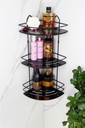Wirtschaftlicher dreifach schwarzer Shampoo-Halter aus rostfreiem Edelstahl, selbstklebende Badezimmerecke/Regal mit Kristallablage - Himyhome