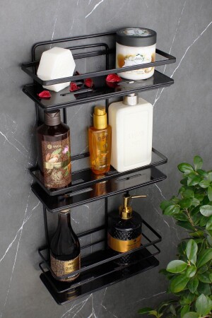 Kristallregal, Edelstahl, Dreifachregal, Badezimmer- und Kosmetik-Organizer, schwarzes Badezimmerregal, Shampoo-Halter - 2