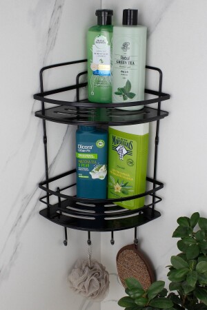 Kristallregal, Edelstahl, schwarz, laminiert, doppelter Shampoo-Halter, selbstklebender Badezimmer-Organizer, Eckregal - 1