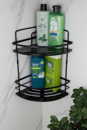 Kristallregal, Edelstahl, schwarz, laminiert, doppelter Shampoo-Halter, selbstklebender Badezimmer-Organizer, Eckregal - 3