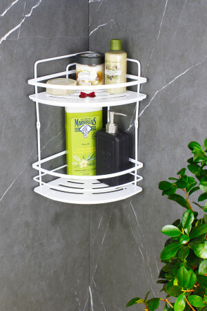 Kristallregal, Edelstahl, weiß, laminiert, doppelter Shampoo-Halter, selbstklebender Badezimmer-Organizer, Eckregal HMY-LK02B - 3