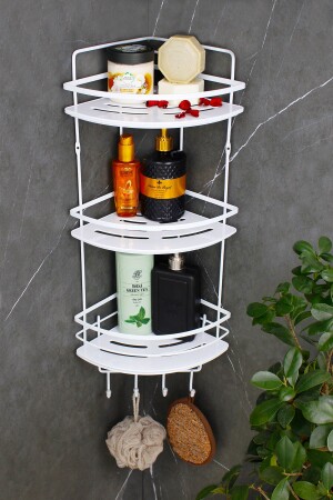 Kristallregal, rostfrei, weiß, laminiert, dreifacher Shampoo-Halter, selbstklebender Badezimmer-Organizer, Eckregal HMY-LK03B - 1