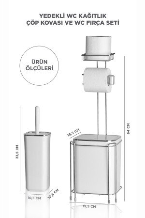 Krom Yedekli Wc Kağıtlık - Beyaz Çöp Kovası Ve Wc Fırça Seti KB-822-8 - 9