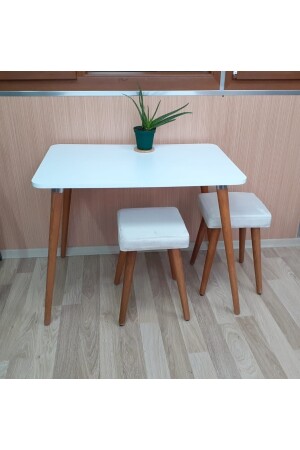 Küchen-Esstisch-Set aus Holz mit Hainbuchenbeinen, 2 Hockern, 2 Hockern, 1 Tisch-Set 60 x 90, Tisch-Set mit Hockern, TK-Weiß - 2