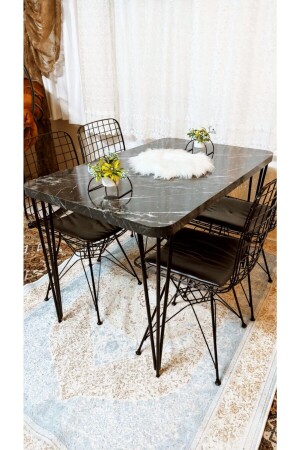 Küchen-Esstisch-Set, Marmor-Desencafe-Tisch, 4 Stück Drahtstühle, 1 Stück Tisch AS12345as - 2