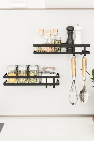 Küchenregal, 2er-Set, selbstklebend, luxuriös, modern, schwarzes Metall, Gewürzregal, Organizer, Y05 - 1