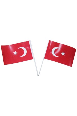 Küçük Boy 10 Adet Çubuklu Kağıt Türk Bayrağı Çıtalı Sopalı Saplı Ay Yıldız Baskılı Bayrak 25x20 Cm - 7