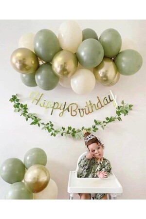Küf Yeşili Krom Gold Deniz Kumu Balon Gold Happy Bırthday Kaligrafi Banner Mini Zincir Set - Deniz Party Store