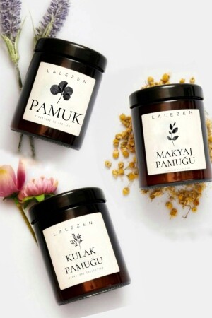 Kulak Pamugu - Makyaj Pamuğu - Pamuk Etiketli Plastik Amber Kavanoz Banyo Düzenleyici - 2