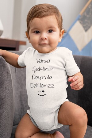 Kurzarm-Baby-Body aus 100 % Bio-Baumwolle mit Aufdruck „We'll Wait With My Uncle“ Weißer Baby-Body 5569k - 1