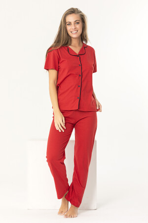 Kurzarm-Pyjama-Set aus Baumwolle mit Paspelierung in Rot - 3