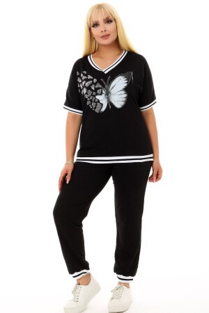 Kurzärmliger, mit Steinen bestickter Schmetterlingsmuster, Tasche mit V-Ausschnitt, bequemer Trainingsanzug mit elastischem Bund und Schnürung - Kheos