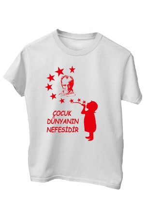 Kurzärmliges, farbenfrohes Kinder-T-Shirt mit Aufdruck „23. April“ aus 100 % Baumwolle mit Rundhalsausschnitt und buntem Atatürk und Sternen - 1