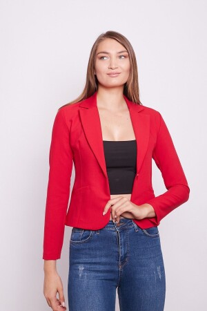 Kurzer Blazer aus Baumwollstoff mit Kragen und flacher Tasche, langärmlig, Bürojacke – Rot - 1