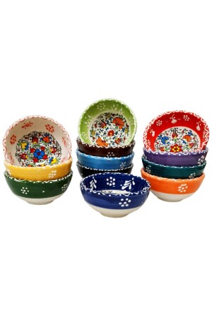 Kütahya-Serie, 12-teilige Keramik-Snack-Sauce-Schüssel, Frühstücks-Präsentationsschüssel – 8 cm Durchmesser, Fliesenmotiv, 12-teilige KRŞ-SCHÜSSEL - 4