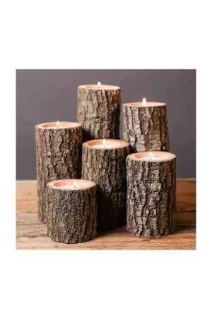 Kütük Mumluk Ahşap Mumluk Dekoratif Ahşap Mumluk 6'lı Mumluk - Shark