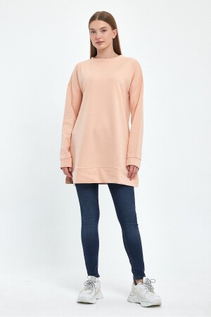 Lachsfarbenes Basic-Strick-Sweatshirt mit Rundhalsausschnitt und Schlitz, 10387 - 1