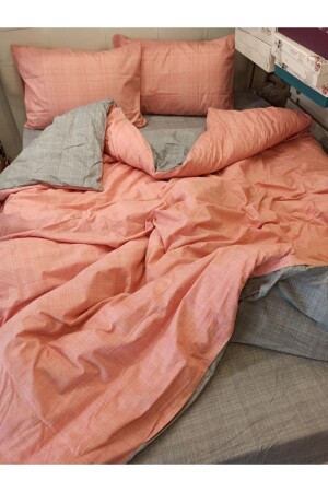 Lachsgraues, zweifarbiges Doppelbett-Bettbezug-Set mit elastischem Laken und doppelseitig verwendbarem NevDüz - 3